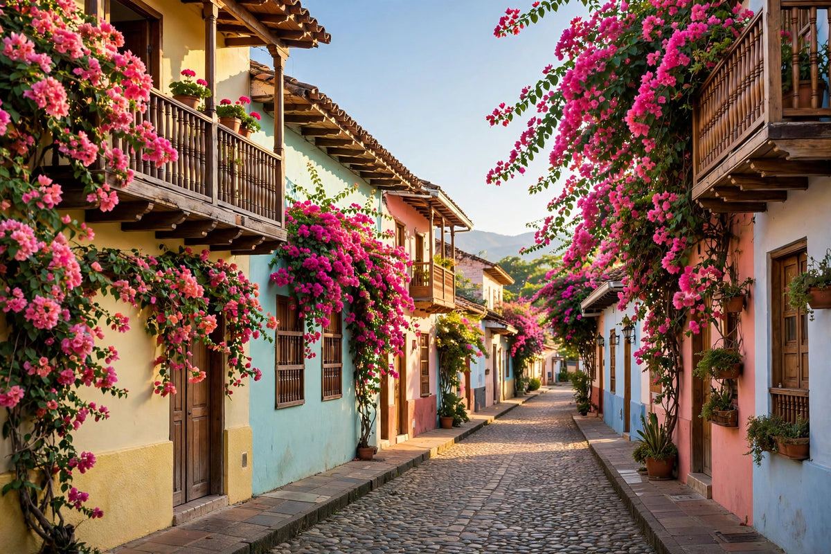 Colourful colonial street in Colombia with bougainvillea