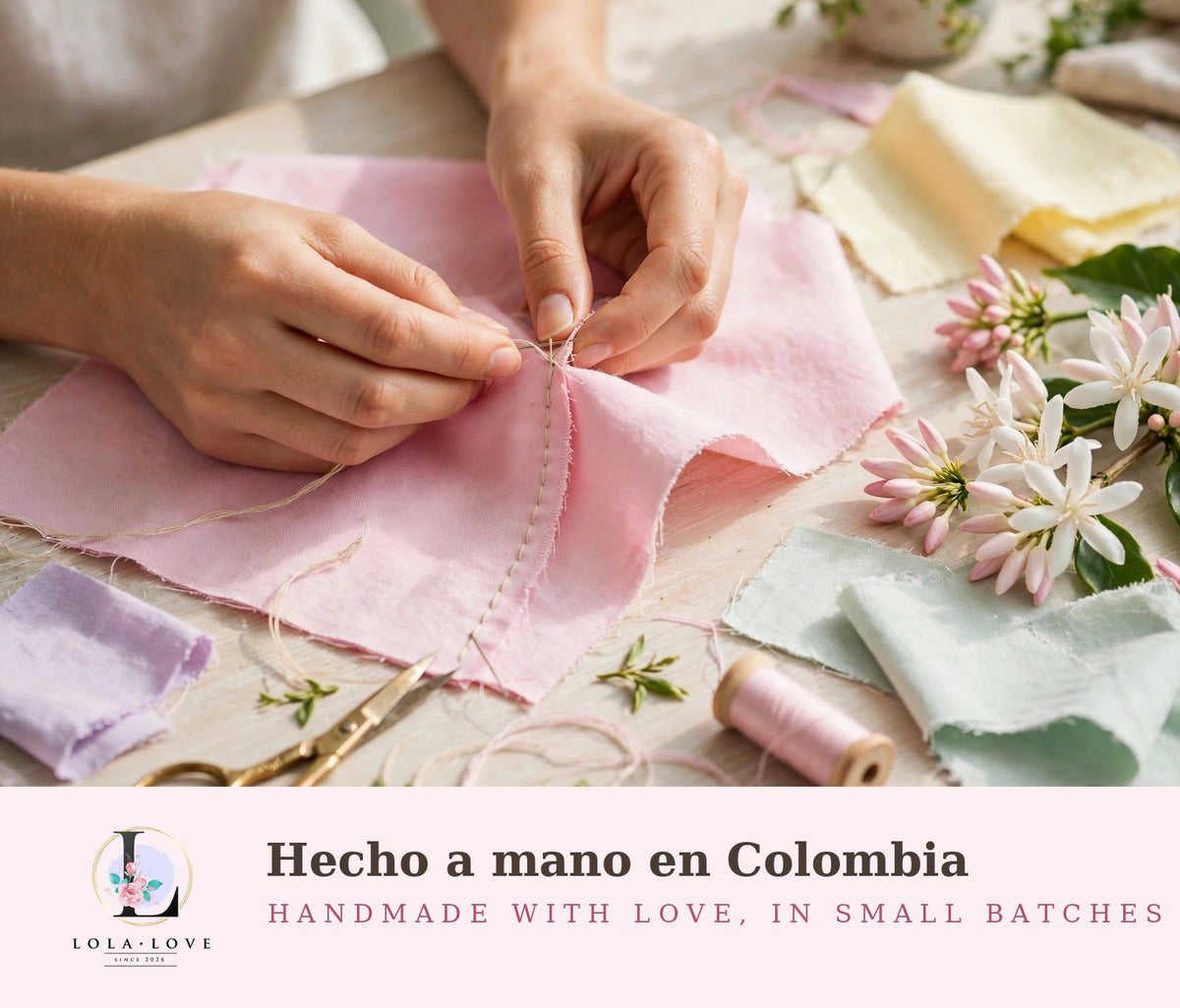 Hand-sewing with Lola Love signature - handmade in Colombia